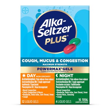 Alka-Seltzer Plus Maximum Strength Cough, Mucus &amp; Congestion, Day + Night Powermax Liquid Gels, Cough and Congestion Medicine for Adults and Children 12 Years and Older, 16 Count, Packaging May Vary