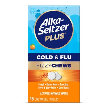 Alka-seltzer Plus Cold &amp; Flu FizzyChews, No Water Needed, On The Go Cold Medicine for Adults, Orange Flavor, 16 Count