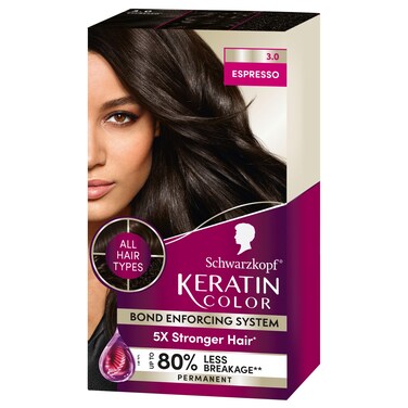 Schwarzkopf Keratin Color Permanent Hair Color, 3.0 Espresso, 1 Application - Professionally Inspired Permanent Hair Dye, for up to 80% Less Breakage vs Untreated Hair and up to 100% Gray Coverage