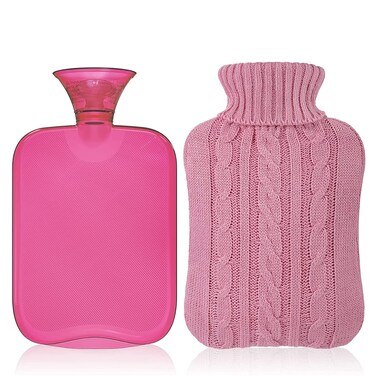 Hot Water Bottle with Cute Knitted Cover, 2L Hot Water Bag for Hot and Cold Compress, Neck and Shoulder Pain Relief, Hand Feet Warmer, Hot and Cold Therapies, Pink