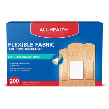 All Health Adhesive Fabric Bandages, 200 Count Assorted Sizes   Soft, Flexible Material   Protection for First Aid and Wound Care