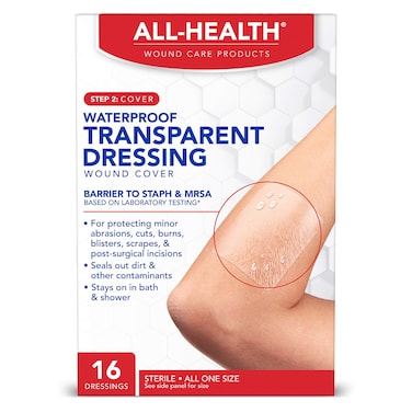 All Health Clear Waterproof Transparent Dressing Wound Cover, 2.36 in X 2.75 in, 16 Count