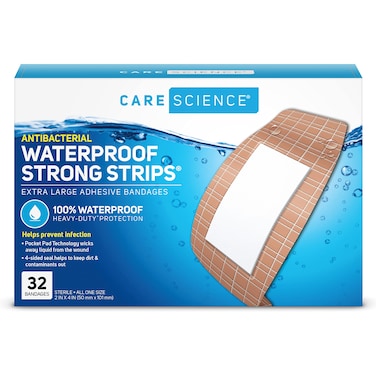 Care Science Waterproof Strong Strips Adhesive Bandages, Extra Large, 32 CT   100% Waterproof, Heavy-Duty Protection, Helps Prevent Infection for First Aid and Wound Care