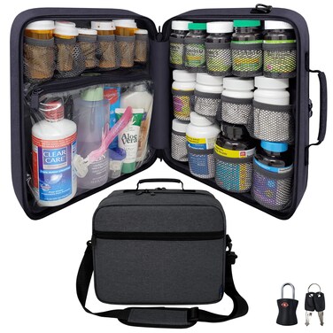 Extra-Large Pill Bottle Organizer, Medicine Bag, Carrier for Medications, Vitamins, and Medical Supplies - Modular Travel Medicine Organizer and Home Storage Med Bag - Dark Gray (with Lock)