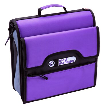 Med Manager Large Medicine Organizer and Portable Medical Binder, Holds (15) Pill Bottles-(11) Standard Size and (4) Large Bottles, Includes Removable 6-Pocket File Folder, Purple, 14 x 14 x 4 inches