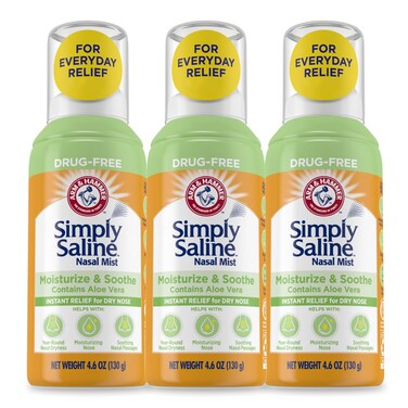 Arm &amp; Hammer Simply Saline Moisturize &amp; Soothe Nasal Mist, Drug-Free Moisturizing Saline Nasal Spray for Instant Relief for Dry Nose, 4.6 Oz (130 g), 3 Pack