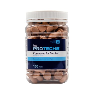 Flents Protechs Foam Ear Plugs, Contoured for Comfort, Ideal for Work with Loud Noise, Heavy Machinery, Construction, Studying &amp; Traveling, NRR 32, Beige, Easy to Use, Made in The USA, 100 Pair