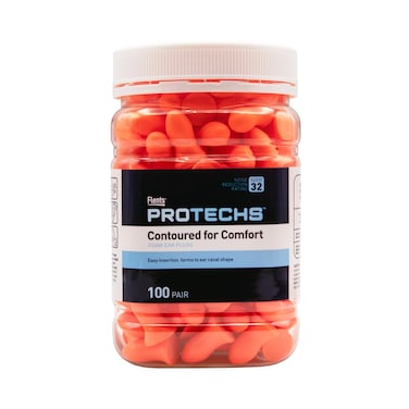 Flents Protechs Foam Ear Plugs, Contoured for Comfort, Ideal for Work with Loud Noise, Heavy Machinery, Construction, Studying &amp; Traveling, NRR 32, Orange, Easy to Use, Made in The USA, 100 Pair