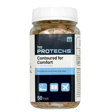 Flents Protechs Foam Ear Plugs, Contoured for Comfort, Ideal for Work with Loud Noise, Heavy Machinery, Construction, Studying &amp; Traveling, NRR 32, Beige, Easy to Use, Made in The USA, 50 Pair