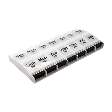 EZY DOSE Push Button (7-Day) Pill Case, Medicine Planner, Vitamin Organizer, 2 Times a Day AM/PM, Large Compartments, Arthritis Friendly, Clear Lids, Clear/Black, BPA Free
