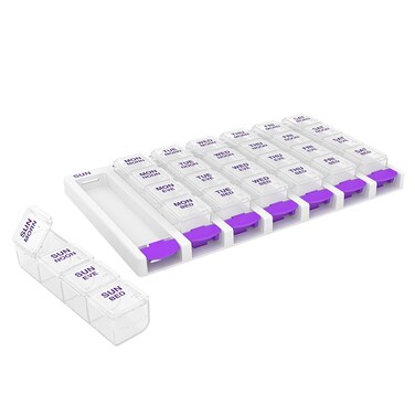 EZY DOSE Weekly (7-Day) Pill Case, Medicine Planner, Vitamin Organizer Box, 4 Times a Day, Small Removable Compartments, Covenient and Easy to Use, Color May Vary, Clear Lids, BPA Free