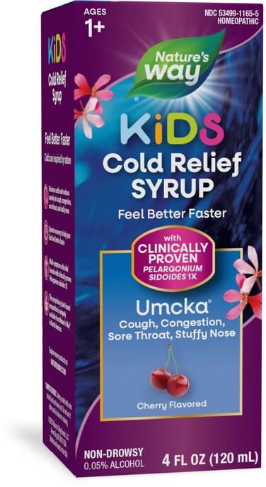 Nature's Way Cold Relief Syrup for Kids 1+, Umcka, Shortens Duration &amp; Reduces Severity, Multi-Symptom Cold Relief, Homeopathic, Phenylephrine Free, Cherry Flavored, 4 Fl Oz (Packaging May Vary)