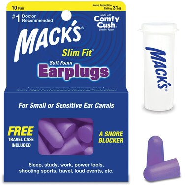 Mack's Slim Fit Soft Foam Earplugs, 10 Pair - Small Ear Plugs for Sleeping, Snoring, Traveling, Concerts, Shooting Sports &amp; Power Tools   Made in USA
