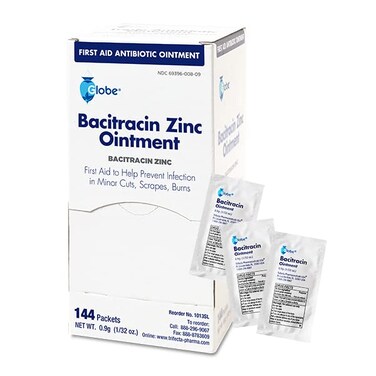Globe (144 Packets) Bacitracin Antibiotic Zinc Ointment 0.9g Packet. First Aid to Prevent and heal infections for Minor cuts, scrapes and Burns.