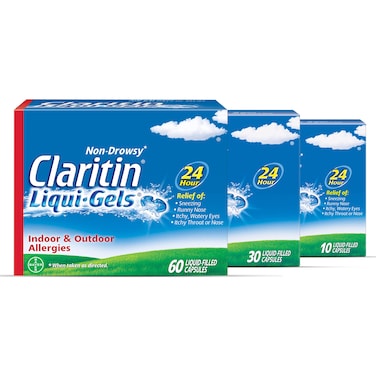 Claritin Allergy Medicine for Adults, 24-Hour Non-Drowsy Loratadine 10mg Liqui-Gels, Antihistamine, 1x10, 1x30, 1x60, 100 Total Liqui-Gels