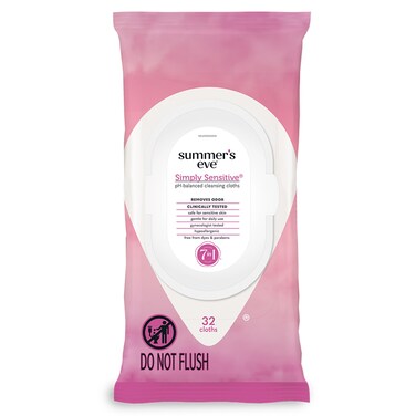 Summer's Eve Simply Sensitive Daily Gentle Feminine Wipes, Removes Odor, pH Balanced, 32 count