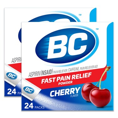 BC Powder Pain Reliever, Cherry Flavor Aspirin Dissolve Packs, 24 Count Powder Packets (2 Pack)