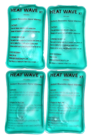 HEAT WAVE Instant Reusable Hand Warmer Heat Pack 4-Pack, Large Instant Reusable, Medical Grade, for Camping, Hiking, Pain Relief. Click Heat - 3"x6" Rechargeable Pack of 4 Made in USA