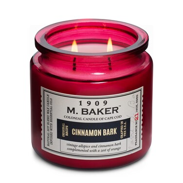 Colonial Candle Cinnamon Bark Scented Jar Candle   2-Wick Natural Soy Blend Wax Candle for Home   Relaxing Aromatherapy Candle Infused with Essential Oils   M. Baker Apothecary Glass Jar Candle