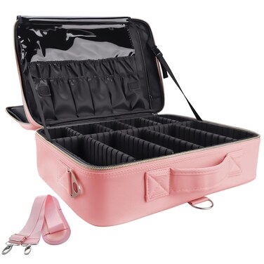 gzcz Travel Makeup Case Large Capacity Cosmetic Case Organizer 16 Inches Waterproof Portable Artist Makeup Storage Bag with Adjustable Dividers and Shoulder Strap for Makeup Brushes Jewelry, Pink