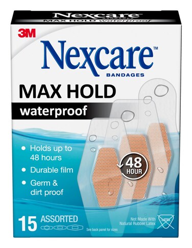 Nexcare Max Hold Waterproof Bandages, Stays On for 48 Hours, Flexible Bandages for Fingers, Knees and Heels - 15 Pack Clear Waterproof Bandages
