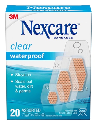 Nexcare Waterproof Bandages, Stays on in the Pool, Holds for 12 Hours, Clear Bandages for Fingers and Elbows - 20 Pack Waterproof Bandages