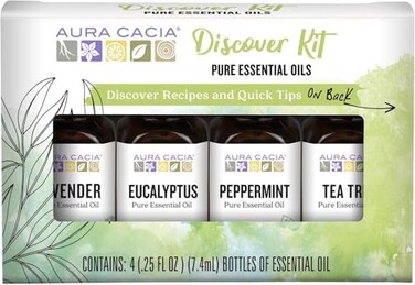 Aura Cacia Discover Essential Oils Kit, 4-Pack, Lavender, Eucalyptus, Peppermint &amp; Tea Tree Oils, Excellent Starter Set