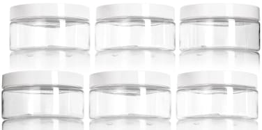 JUVITUS 8 oz Clear PET Plastic Low Profile Jar with White Smooth Lids (6 pack) I BPA Free Large Refillable Empty Storage Containers