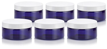 8 oz Cobalt Blue PET Plastic Refillable Low Profile Jar with White Lid (6 pack)