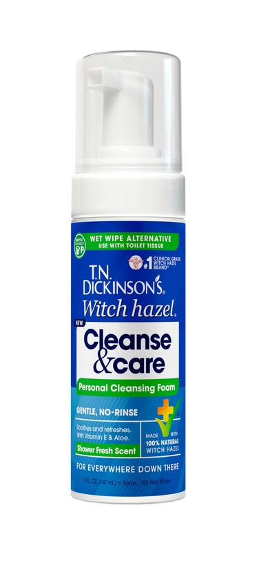 T.N. Dickinson's Witch Hazel Cleanse and Care Personal Cleansing Foam, Shower Fresh Scent (5 Fl Oz)   Toilet Paper Foam Spray   Wet Wipe Alternative   Gentle, Septic-Safe Formula