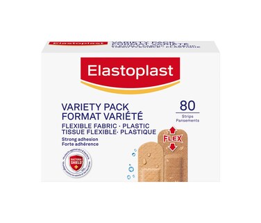 ELASTOPLAST Fabric and Plastic Adhesive Bandages Variety Pack (80 Strips), Flexible &amp; Water-Resistant Bandage with All-Around Adhesion, Ideal for First Aid Kit {Imported from Canada}