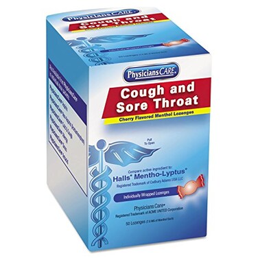 PhysiciansCare 90306 Cough and Sore Throat, Cherry Menthol Lozenges, 50 Individually Wrapped per Box