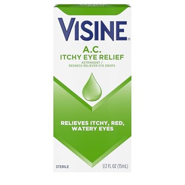 Visine A.C. Itchy Eye Relief Eye Drops with Astringent Zinc Sulfate &amp; Redness Reliever Tetrahydrozoline HCl for Relief of Red, Itchy, Watery Eyes, Sterile Eye Drops 0.5 fl. oz