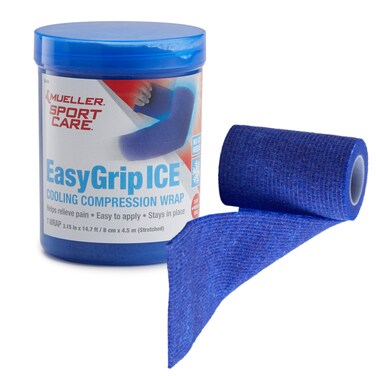 MUELLER Sports Medicine EasyGrip ICE Cooling Compression Wrap, Compression &amp; Ice Therapy Support for Men and Women, 1 Continuous Wrap, 3.1 Inches x 14.7 Feet, Blue
