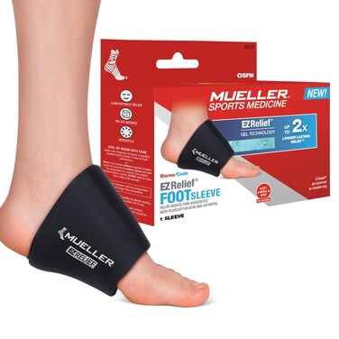 MUELLER Sports Medicine EZ Relief Foot Compression Sleeve, Foot Pain Relief Support for Men and Women, Ideal for Pain &amp; Swelling, Hot &amp; Cold Reusable Gel, Black, One Size