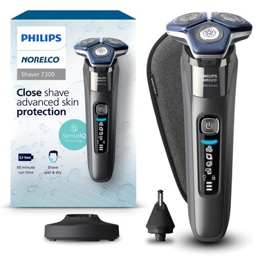Philips Norelco Shaver 7300, Rechargeable Wet &amp; Dry Electric Shaver with SenseIQ Technology, Pop-up Trimmer, Charging Stand, Click-on Nose Trimmer, &amp; Travel Case, S7887/92