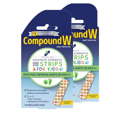 Compound W One Step Wart Remover Strips for Kids, 10 Medicated Strips for Wart Removal, 2 Pack
