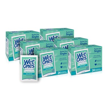 Wet Ones Hand and Face Wipes Singles, Unscented Wipes for Sensitive Skin   Individual Wipes, Hand Wipes Individually Wrapped   24 ct. (6 pack)