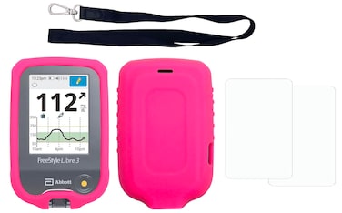 Premium Silicone Protective Cover Set (Screen Protector + Lanyard + Lanyard Patch) for Freestyle Libre 3/ Freestyle Libre 2 (Continuous Glucose Monitor) (HOT Pink)