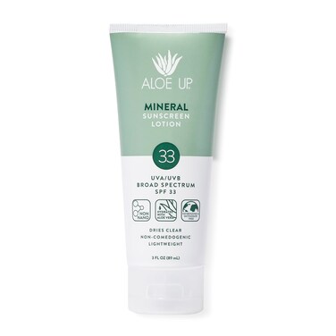 Aloe Up Mineral Sunscreen Lotion SPF 33 Broad Spectrum UVA/UVB Sunscreen Protector for Face and Body-With Gen2 Zinc Oxide and Aloe Vera Gel Dries Clear Reef Safe Coco-Mango Fragrance - 3 Oz