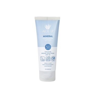 Aloe Up Mineral Sunscreen Lotion SPF 50 - Broad Spectrum UVA/UVB Sunscreen Protector for Face and Body - With Gen2 Zinc Oxide &amp; Aloe Vera Gel - Dries Clear - Reef Safe - Coco-Mango Fragrance - 3 Oz.