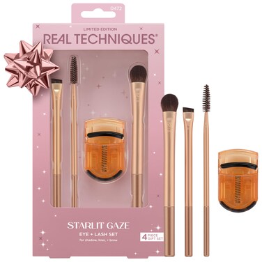 Real Techniques Starlit Gaze Eye + Lash 4 Piece Holiday Gift Set, Eye Makeup Brush Set For Eyeshadow &amp; Brow Products, Mini Eyelash Curler For Travel, Stocking Stuffer, Limited Edition, Cruelty-Free