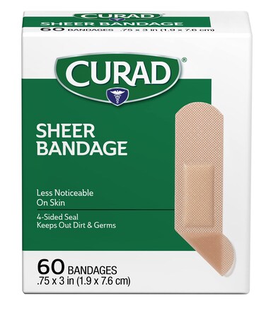 CURAD Sheer Adhesive Bandages, 3/4 x 3 Inch, For First Aid &amp; Wound Care, Durable, Breathable &amp; Flexible, Box of 60