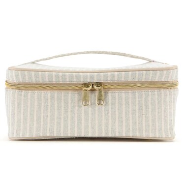 SoYoung Beauty Poche - Cosmetic Bag &amp; Makeup Organizer for Travel, Three-Tiered, Linen/Cotton Exterior, Removable Tray, Machine Washable - Sand &amp; Stone Beach Stripe