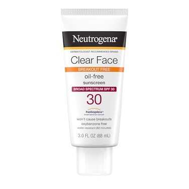 Neutrogena Clear Face Sunscreen Lotion for Acne-Prone Skin, Broad Spectrum SPF 30 Facial Sunscreen for Oily Skin, Oil-, Fragrance- &amp; Oxybenzone-Free Water Resistant Sunscreen, 3 fl. oz