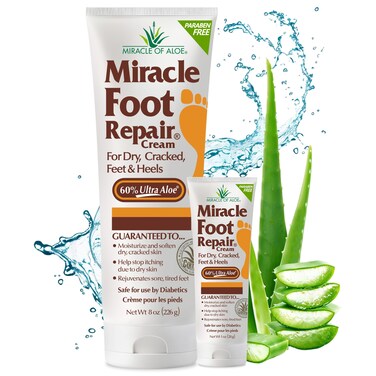 Miracle Foot Repair Cream (8 oz &amp; 1 oz) Repairs Dry Cracked Heels and Feet, 60% Pure UltraAloe Moisturizes, Softens, and Repairs