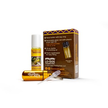 Unscented Anointing Oil from Israel Boxed Gift Set with Dispenser, Holy Jerusalem Oil &amp; Gold Metal Keychain Bottle Container, Plastic Dropper &amp; Small Glass Vial, Aceite Ungido y Botella