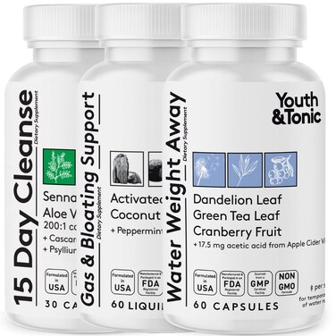 Youth &amp; Tonic 3X Belly Bloating Pills for Puffiness, Water Debloat, Stomach, Gut &amp; Colon Cleanse Detox   with Liquid Activated Charcoal, Coconut &amp; Peppermint Oil, Senna Leaf &amp; More   150 Capsules