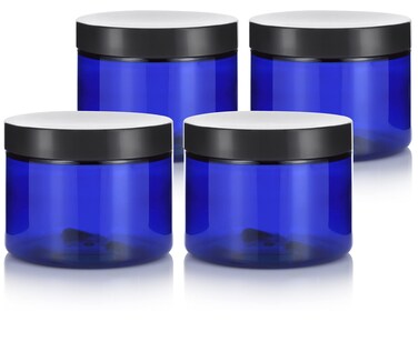 6 oz Cobalt Blue PET Plastic Jar With Black Smooth Lids (4 pack)