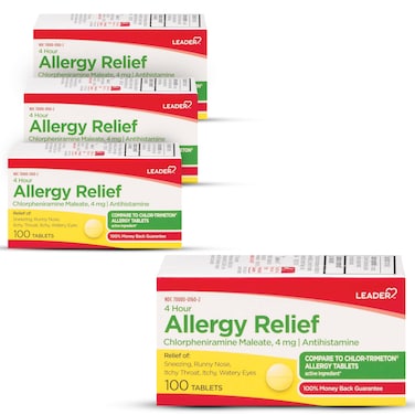 LEADER 4 Hour Allergy Relief, Chlorpheniramine Maleate Tablets, Antihistamine, 4 mg, 100 Count, (Pack of 3)